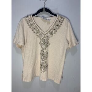 Alfred Dunner Womens Petite Embroidered Beige Short Sleeve V-Neck Top Size PM